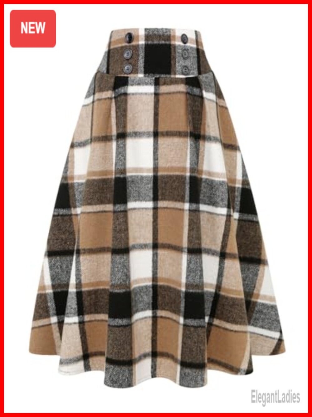 Womens High Waisted Plaid A-Line Midi Skirt Button Down Pockets Wool Blend